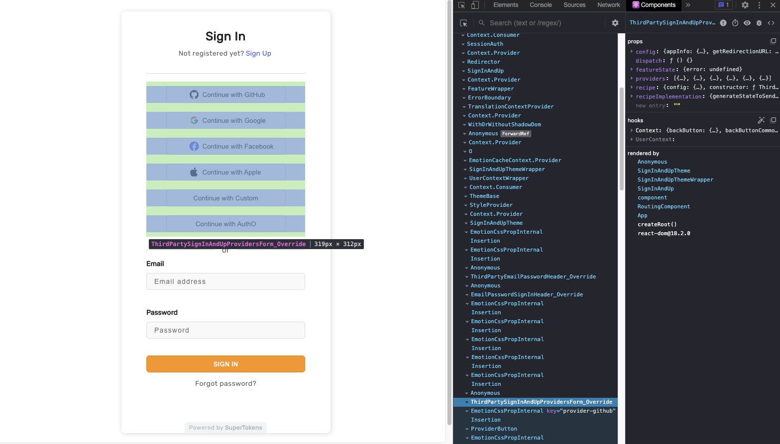 Checking which component from the prebuilt UI is overridden using React Developer Tools extension